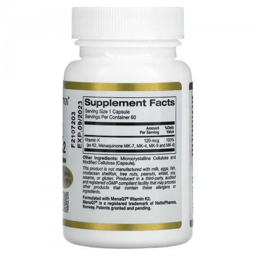 California Gold Nutrition, витамин K2 полного спектра действия, 120 мкг, 60 растительных капсул California Gold Nutrition, витамин K2 полного спектра действия, 120 мкг, 60 растительных капсул